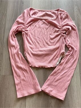 Square Neck Long Sleeve Ribbed Top in Dusty Pink